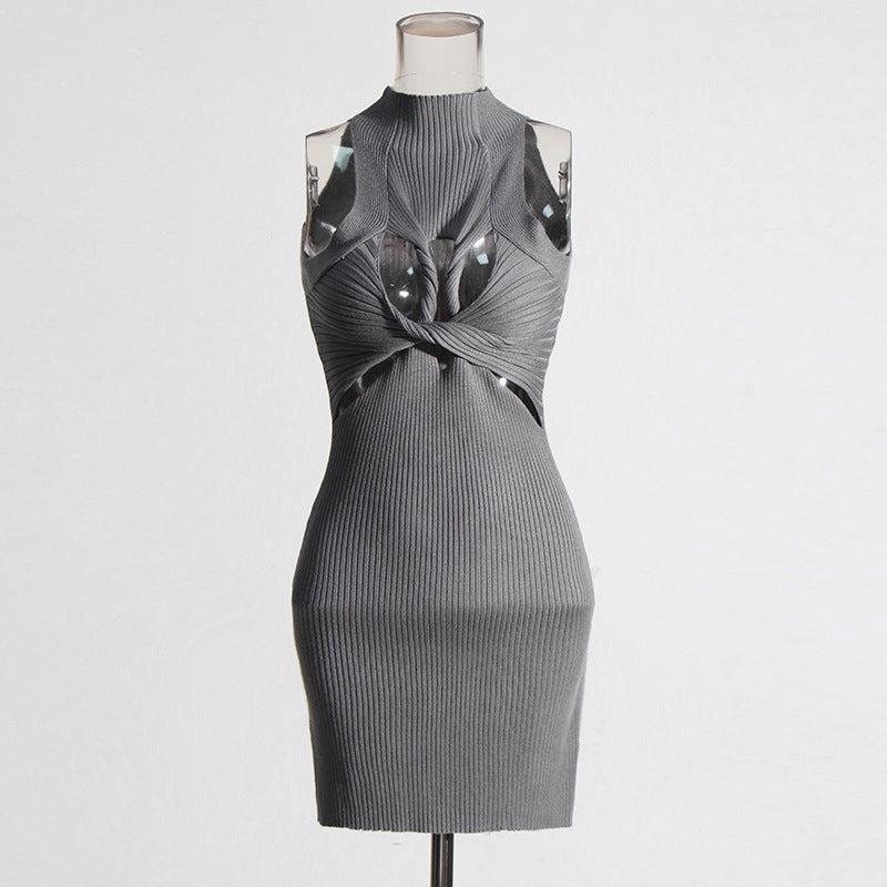 Sexy Sleeveless Elegant Design Hollow Out Cutout Twist Slim Fit Slimming Knitted Dress Women OFMY