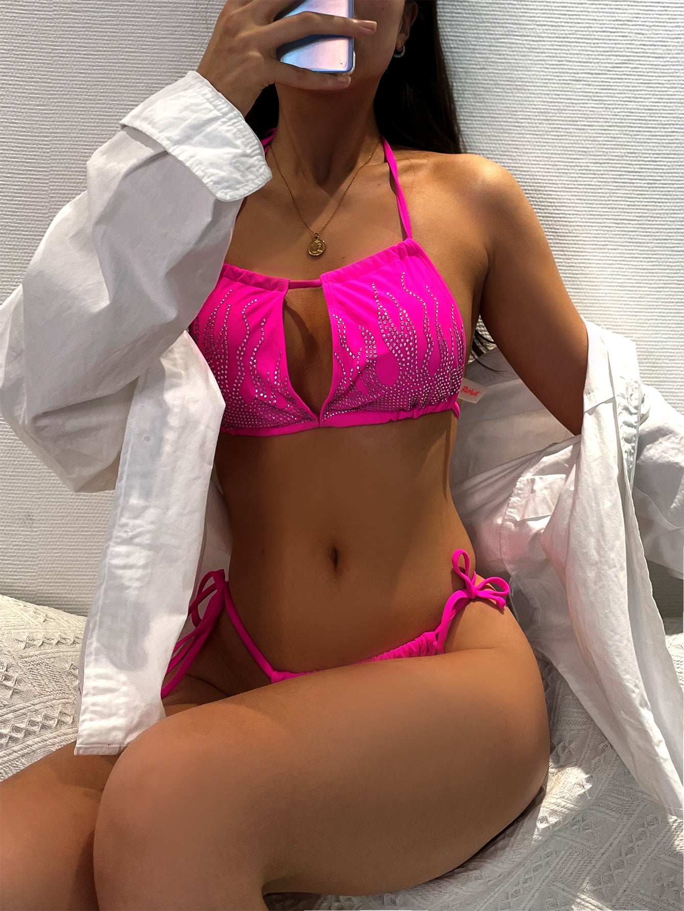 Traje de baño de color sólido con llamas y diamantes de imitación, bikini sexy con cordones, el mejor traje de baño