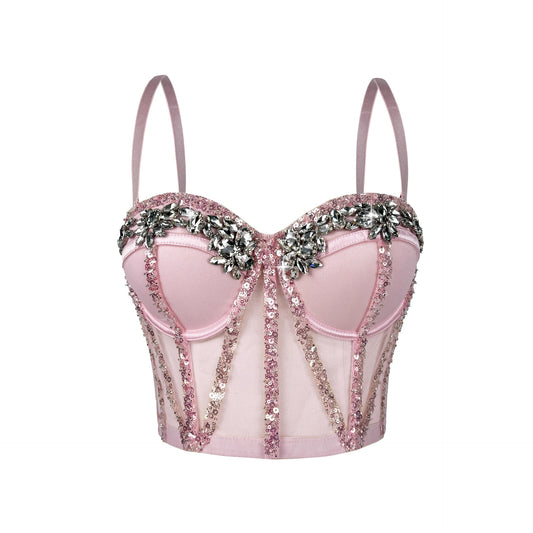 Sujetador tipo corsé con varillas de malla de diamantes de imitación, semitransparente, sexy, adelgazante, bandeau, corte entallado, top de corsé con varillas de diamantes de imitación para escenario