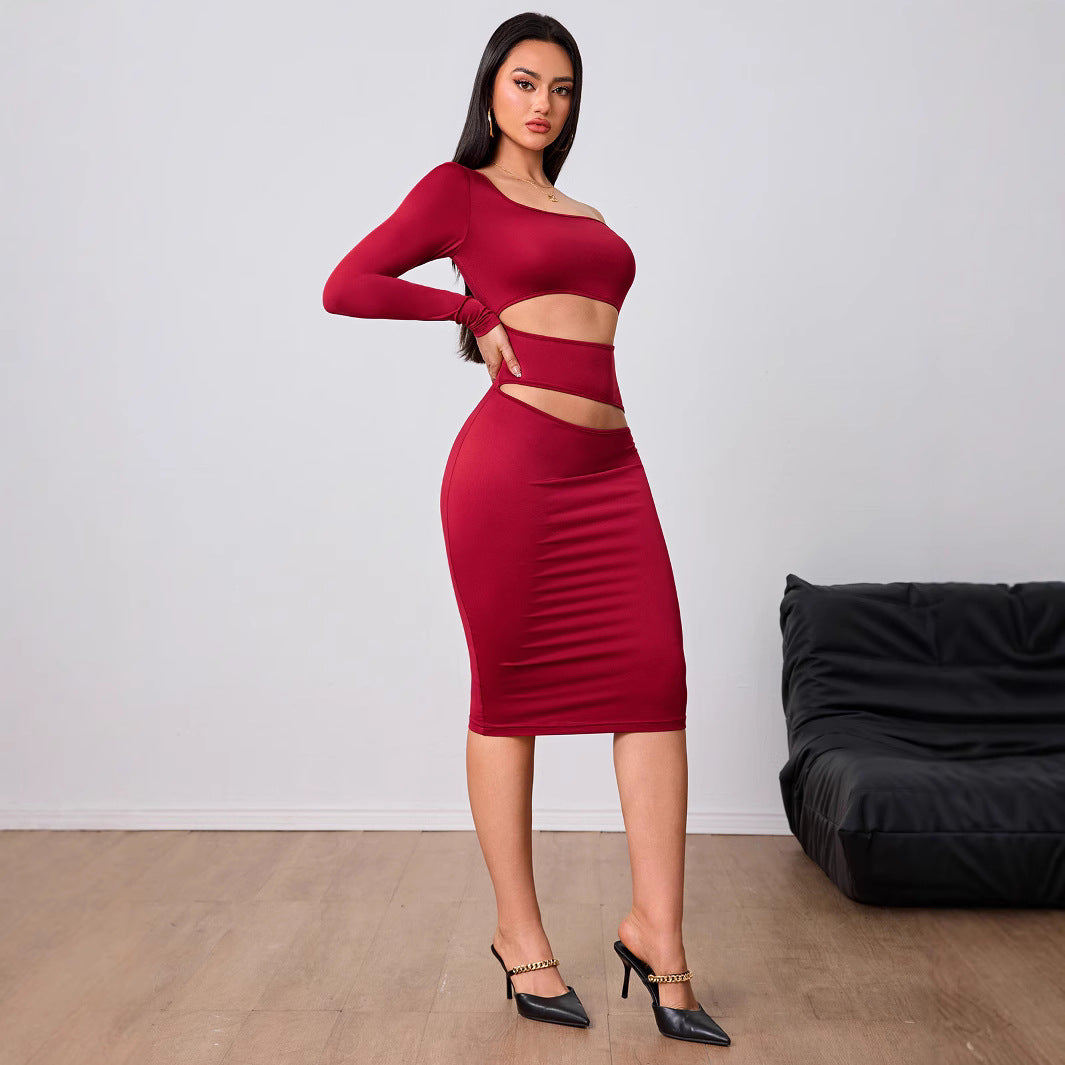 Vestido de mujer color vino tinto estilo socialité, otoño-invierno, manga corta, midi