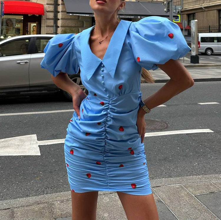 Summer Printed Short Dress Women Clothing Collared Puff Sleeve Pleated Hip Kigali
