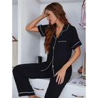 Pajamas Solid Color Buttons Short-Sleeved Trousers Women Home Wear Two-Piece Suit Hiken