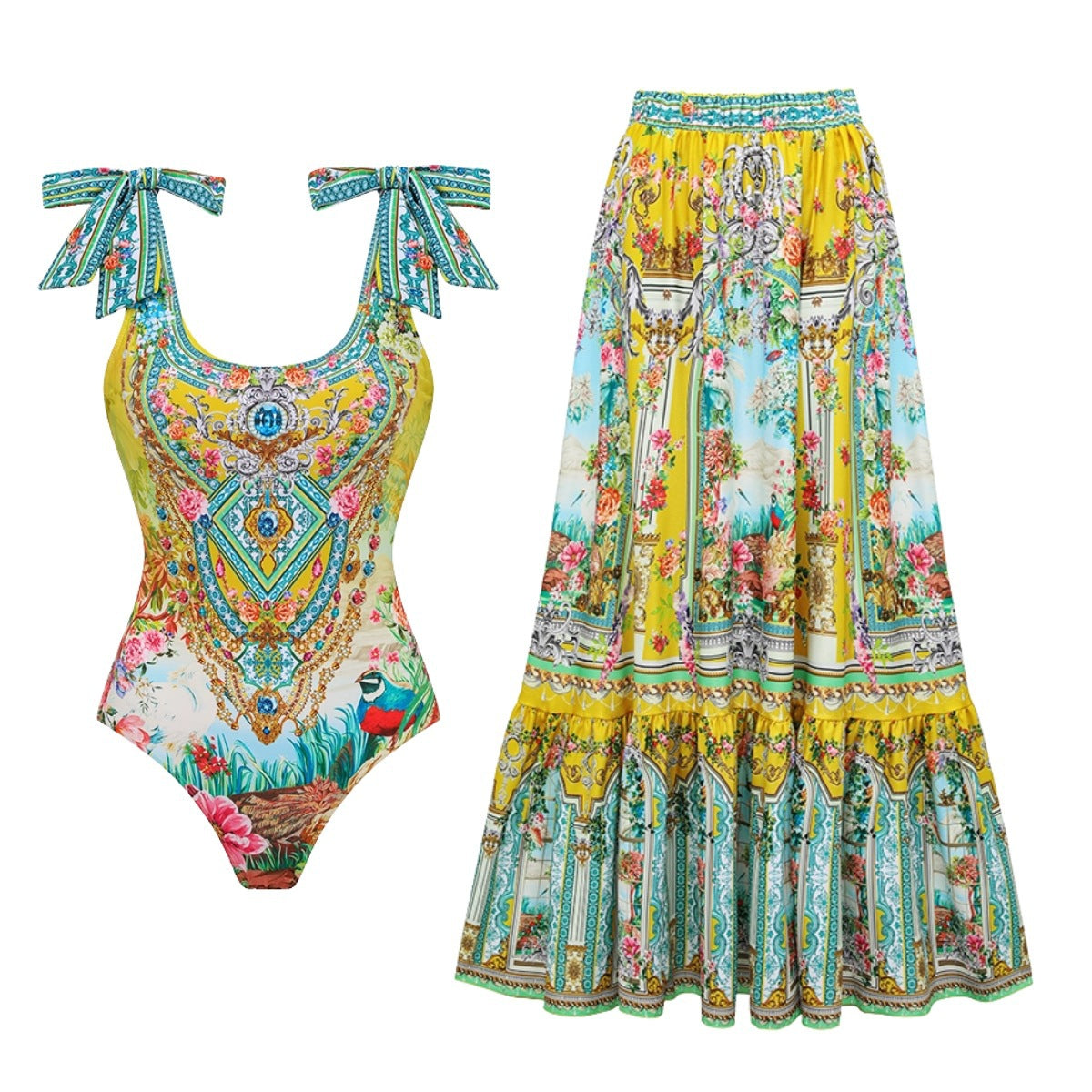 Bow Shoulder Strap Swimsuit Long Skirt Suit
