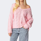 Autumn Solid Color Loose Lazy V neck Twist Knitted Pullover Sweater Women Top