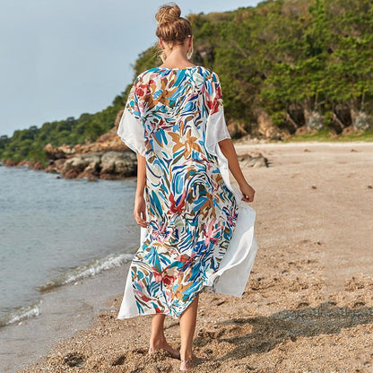 Wrinkle Solid Color Edge Robe Loose Dress Beach Sun Protection Clothing Swimsuit Bikini Cover Up Blouse