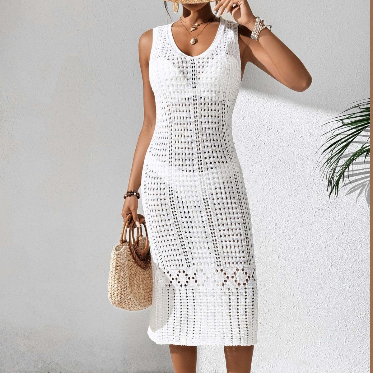 Robe Femme Robe Femme Sexy Découpée Tissée Gilet Robe Mi-Longue Robe de Plage Paréo