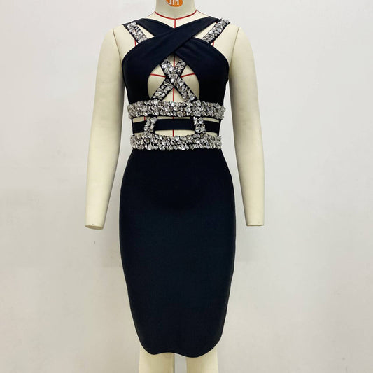Sexy Cross Hollow Out Cutout Handmade Rhinestone Bandage One Piece Dress Party Gathering Dress