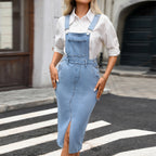 Adjustable Shoulder Strap Front Slit Slimming Washed Denim Mid Length Suspender Skirt MANNY