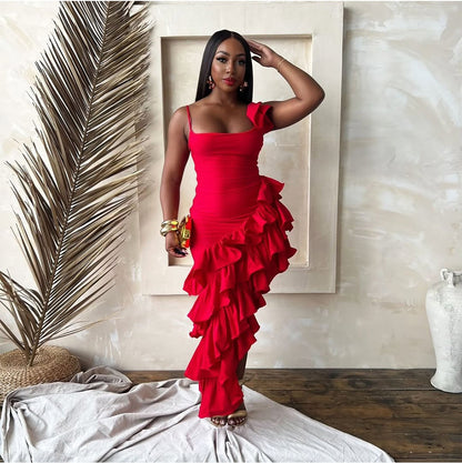 Summer Solid Color Sling Irregular Asymmetric Ruffled Ladies Dress Sexy Women Clothing