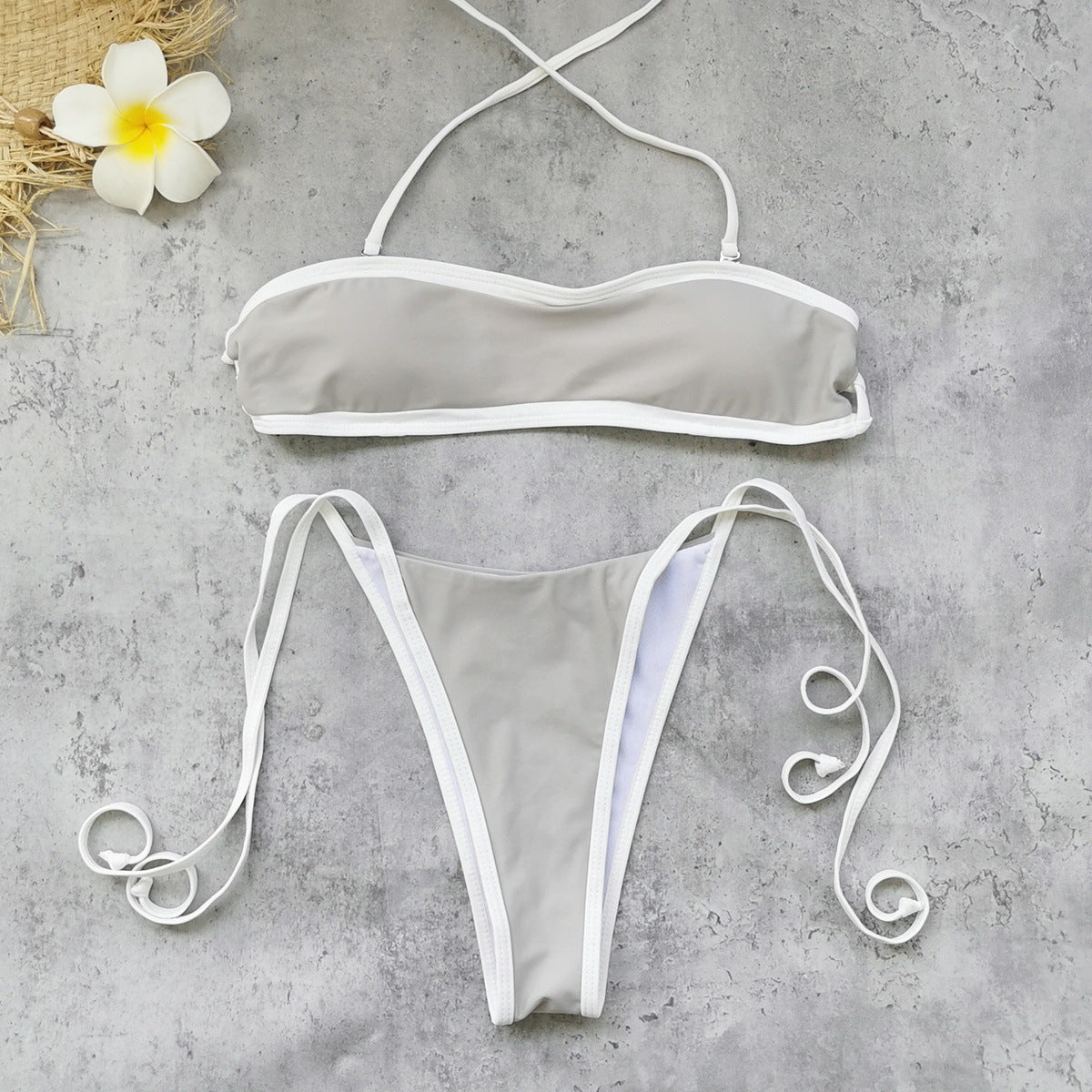 Halter Strap Solid Color Tube Top Low Waist Bikini Sexy Backless Briefs Split Swimsuit Women Thunder