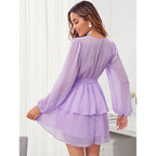 Women Summer Fashion V-neck Double Layer Lower Hem with Lace Polka Dot Dress DreamFashion