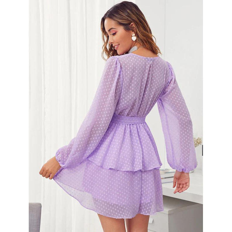 Women Summer Fashion V-neck Double Layer Lower Hem with Lace Polka Dot Dress DreamFashion