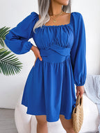 Spring Summer Casual Solid Color Selvedge Square Neck Cinched Large Swing Dress Women Clothing BAGIISA