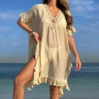 Hollow Out Cutout Hand Crochet Collar Change Flounce Loose Comfortable Sun Protection Seaside Vacation Casual Smock Dress Tidee