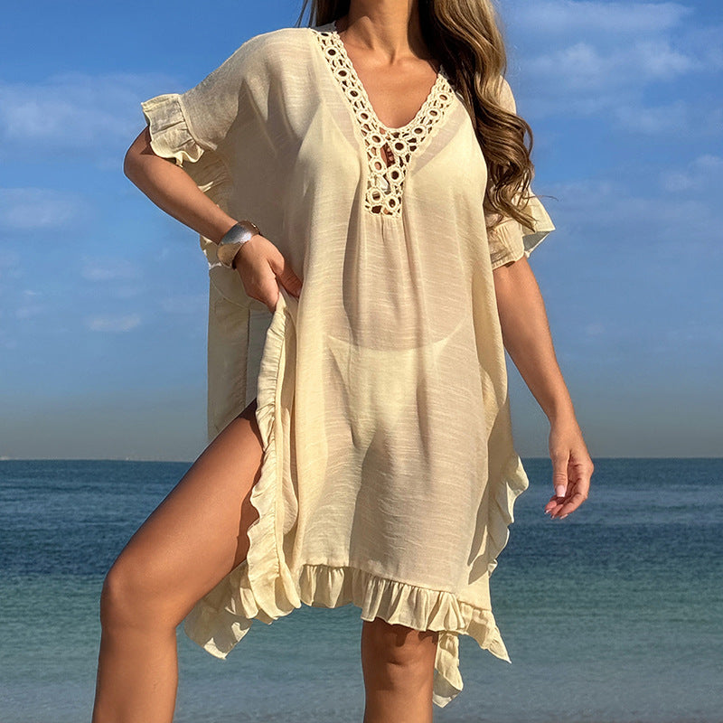 Hollow Out Cutout Hand Crochet Collar Change Flounce Loose Comfortable Sun Protection Seaside Vacation Casual Smock Dress Tidee