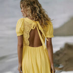 Summer Backless Self Tie Dress Lace V neck Puff Sleeve Irregular Asymmetric Hem Holiday Dress Yiskiss