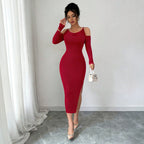 Cross Border Off Shoulder Dress Slimming Slit Bodycon Long Sleeve Formal Mid Length Dress For Banquets Yiskiss