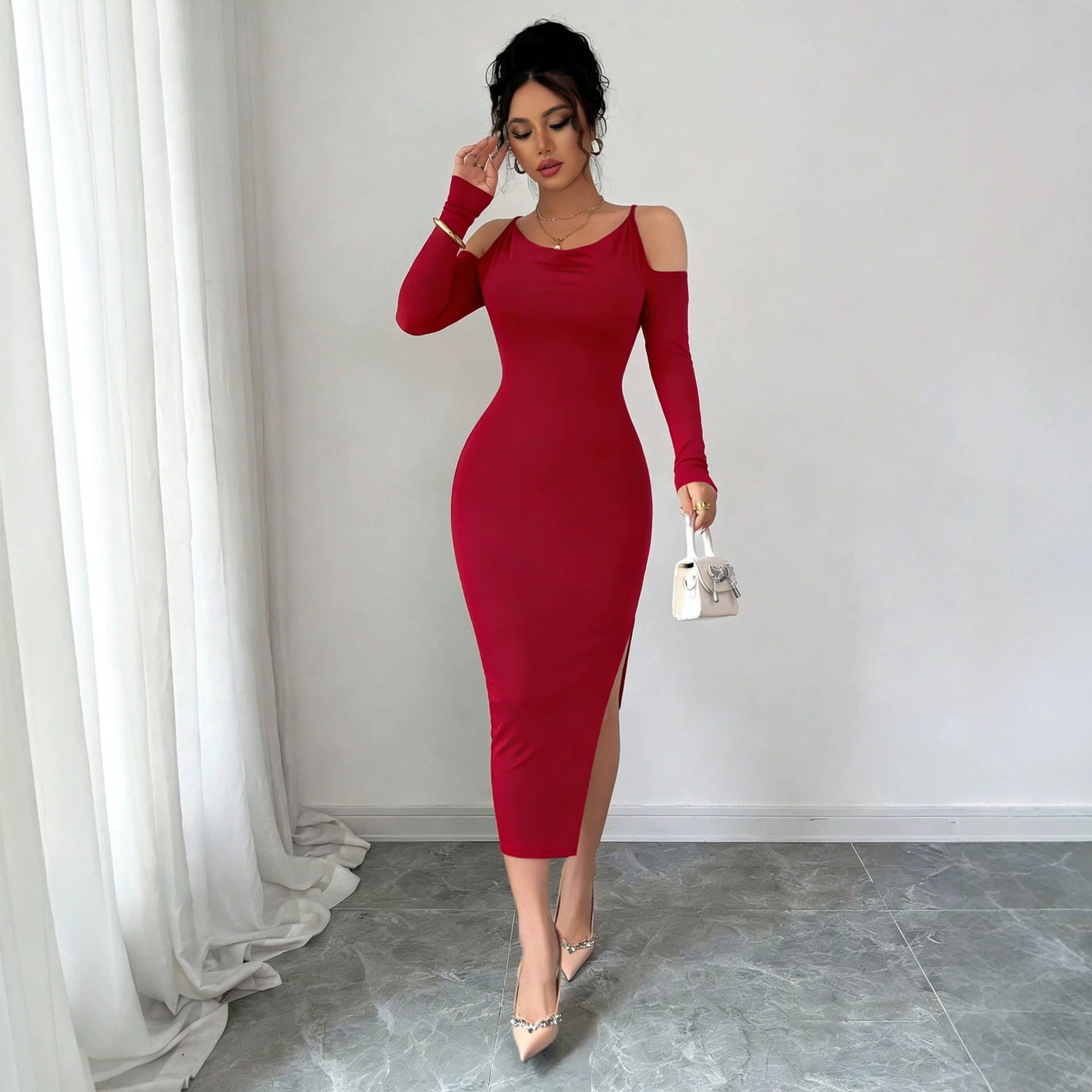 Cross Border Off Shoulder Dress Slimming Slit Bodycon Long Sleeve Formal Mid Length Dress For Banquets Yiskiss