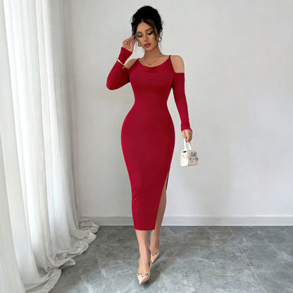 Cross Border Off Shoulder Dress Slimming Slit Bodycon Long Sleeve Formal Mid Length Dress For Banquets Yiskiss