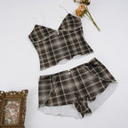 Plaid Suspender Pajamas Summer Sexy Heart Buckle White Covered Home Wear Shorts Two Piece Set LingSharp