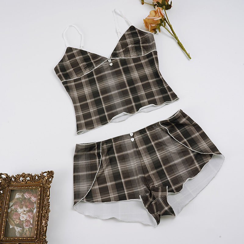 Plaid Suspender Pajamas Summer Sexy Heart Buckle White Covered Home Wear Shorts Two Piece Set LingSharp