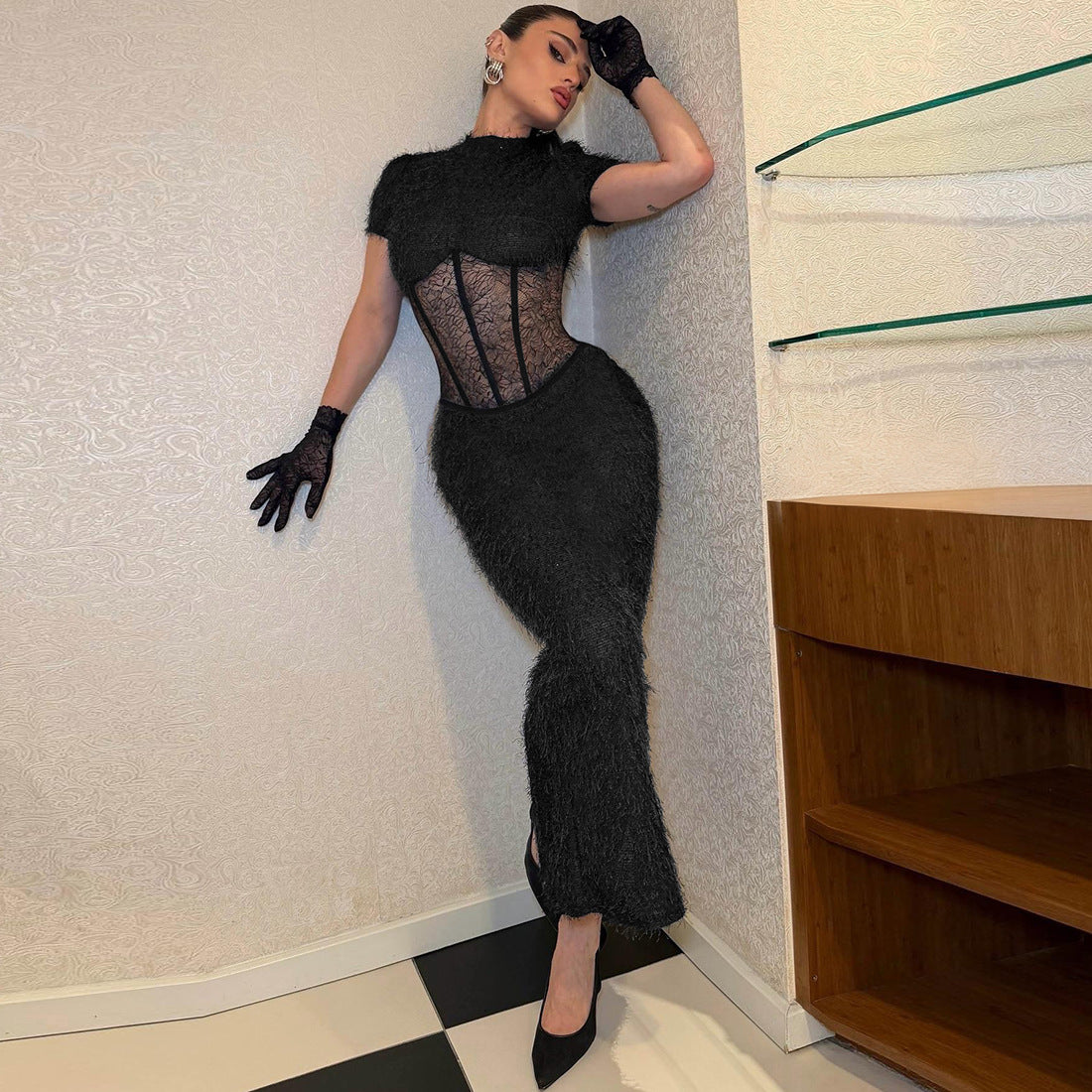 Women Clothing Sexy round Neck Slim Fit Slimming See through Split Short Sleeve Elegant Dress YIMAIL