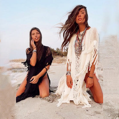 Summer Vacation Beach Dress Sexy Knitted Hollow Out Cutout Bikini Smock Dress Outer Tassel Dress