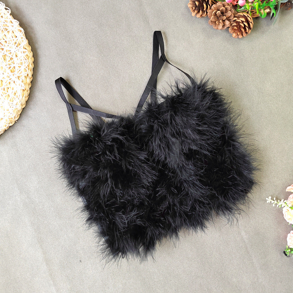 Ostrich Feather Stitching Leather Spaghetti Straps Outerwear Short Elegant Faux Leather Feather Tube Top Vest Slim Vest Kanuner