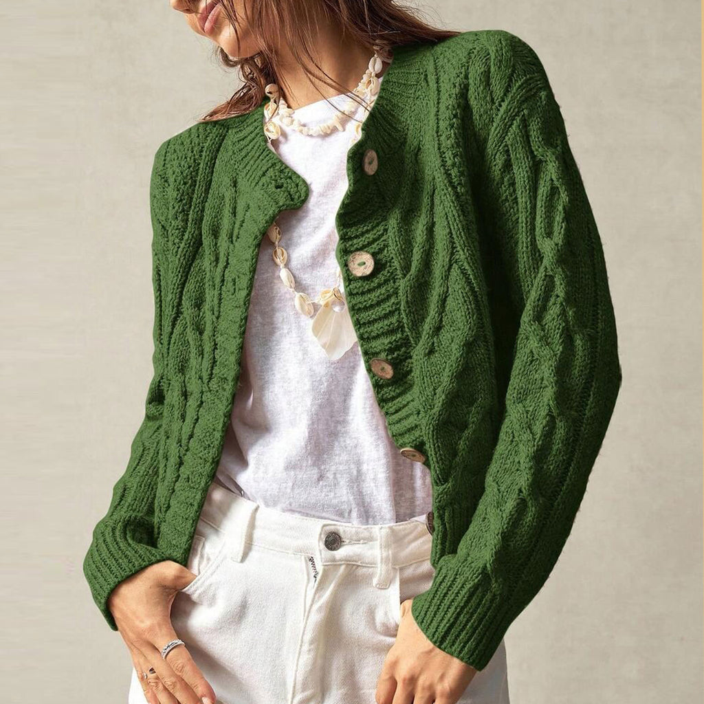 Twist Knitted Cardigan Women round Neck Slim Fit Cropped Sweater Coat Green Autumn Winter Owen