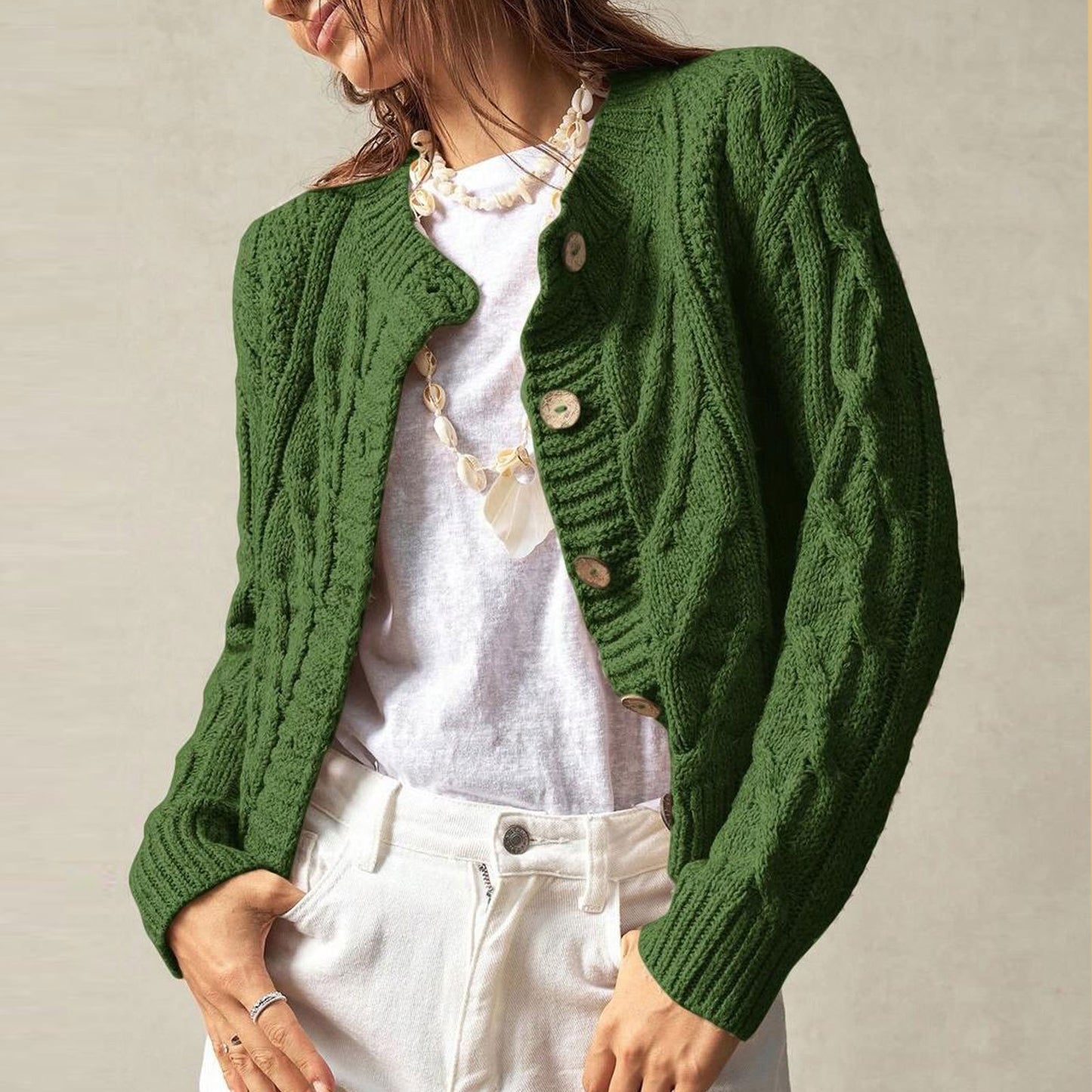 Twist Knitted Cardigan Women round Neck Slim Fit Cropped Sweater Coat Green Autumn Winter Owen