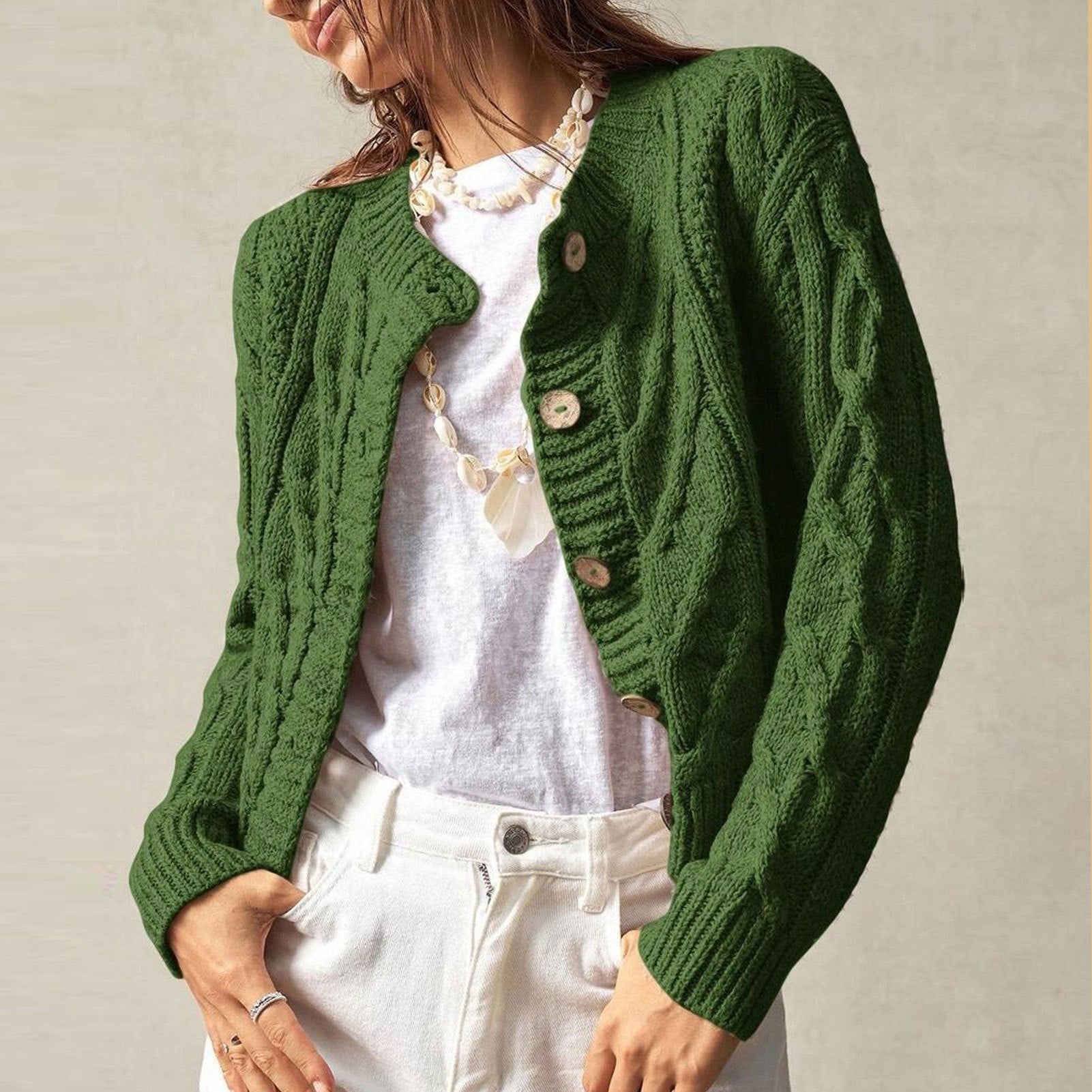 Twist Knitted Cardigan Women round Neck Slim Fit Cropped Sweater Coat Green Autumn Winter Owen