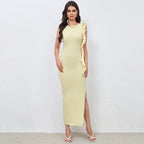 Robe sexy et élégante en soie de lait avec fente latérale et ruban aux épaules