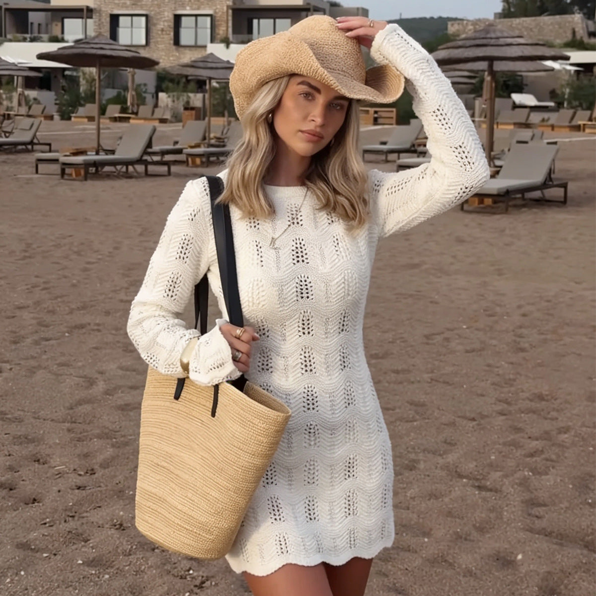 Vestido de Playa para Mujer Hueco Sin Espalda Manga Larga de Punto