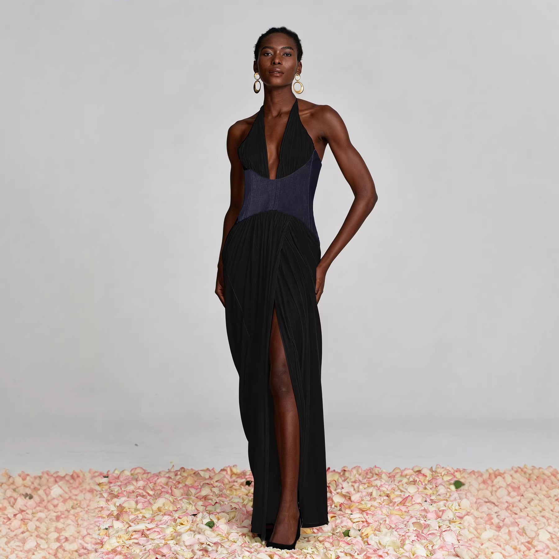 Halter Deep V Plunge Black Dress Denim Drawstring Slim Fit Maxi Drape Party Dress Sight