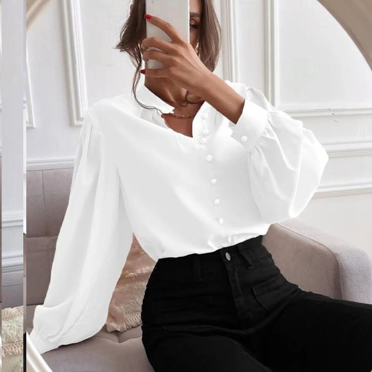 Chemise femme automne élégante couleur unie col manches longues une rangée de boutons ample