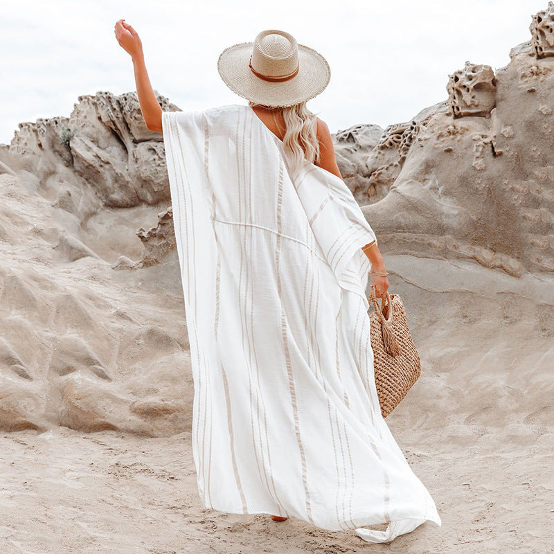 Cárdigan de algodón artificial con rayas asimétricas irregulares para vacaciones en la playa, camisa de protección solar, traje de baño para playa, ropa de abrigo