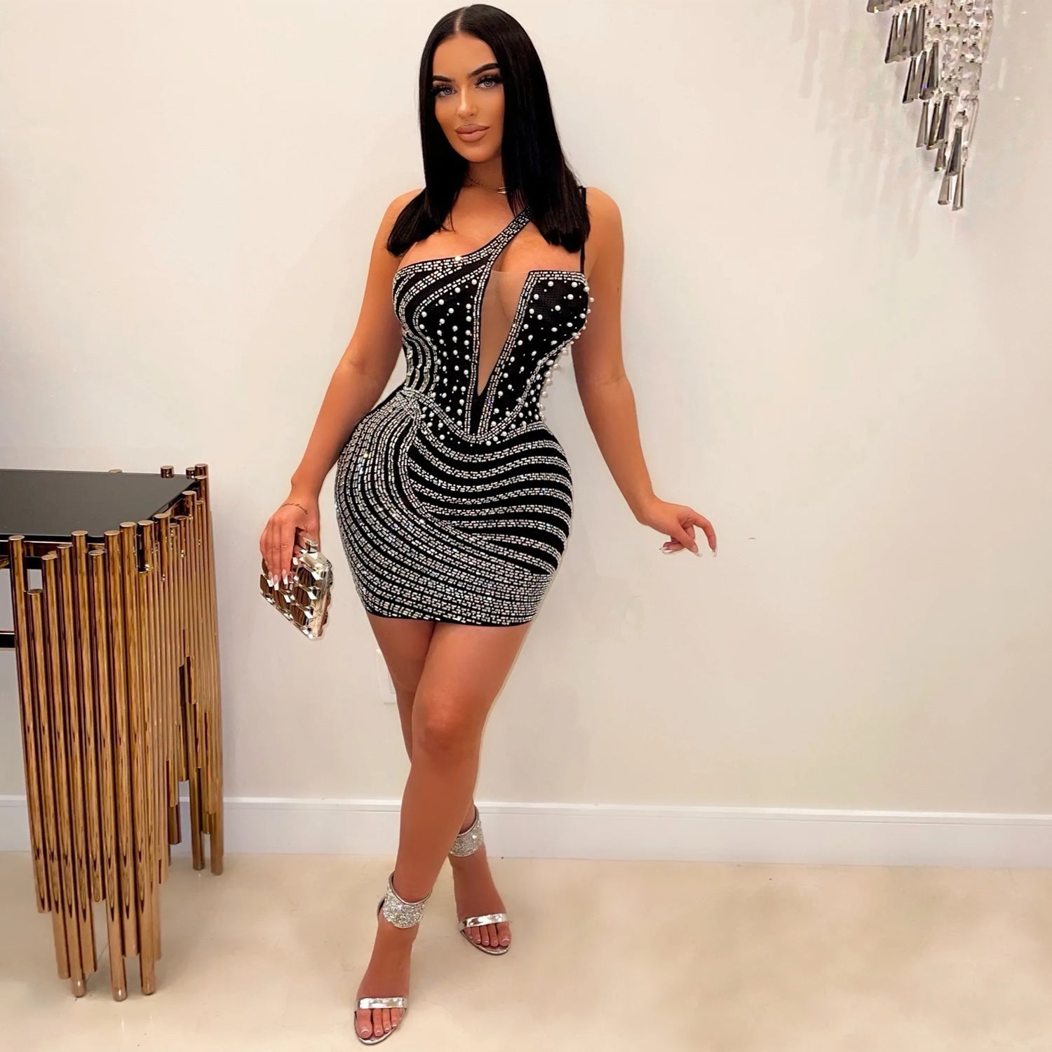 Vestido mini sexy ajustado con hombros oblicuos y purpurina para mujer, ropa de verano para discoteca con diamantes de imitación