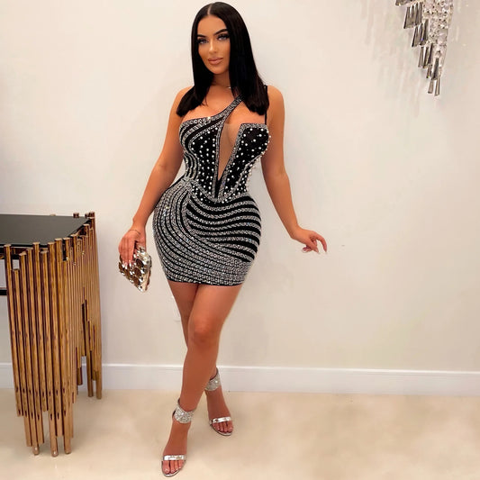 Summer Women Clothing Sexy Tight Oblique Shoulder Nightclub Rhinestone Mini Dress Glitter