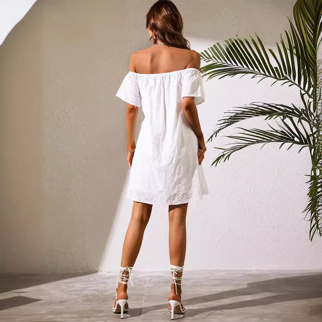 Women Clothing White Off The Shoulder Clothes Eyelet Embroidery No Belt Dress