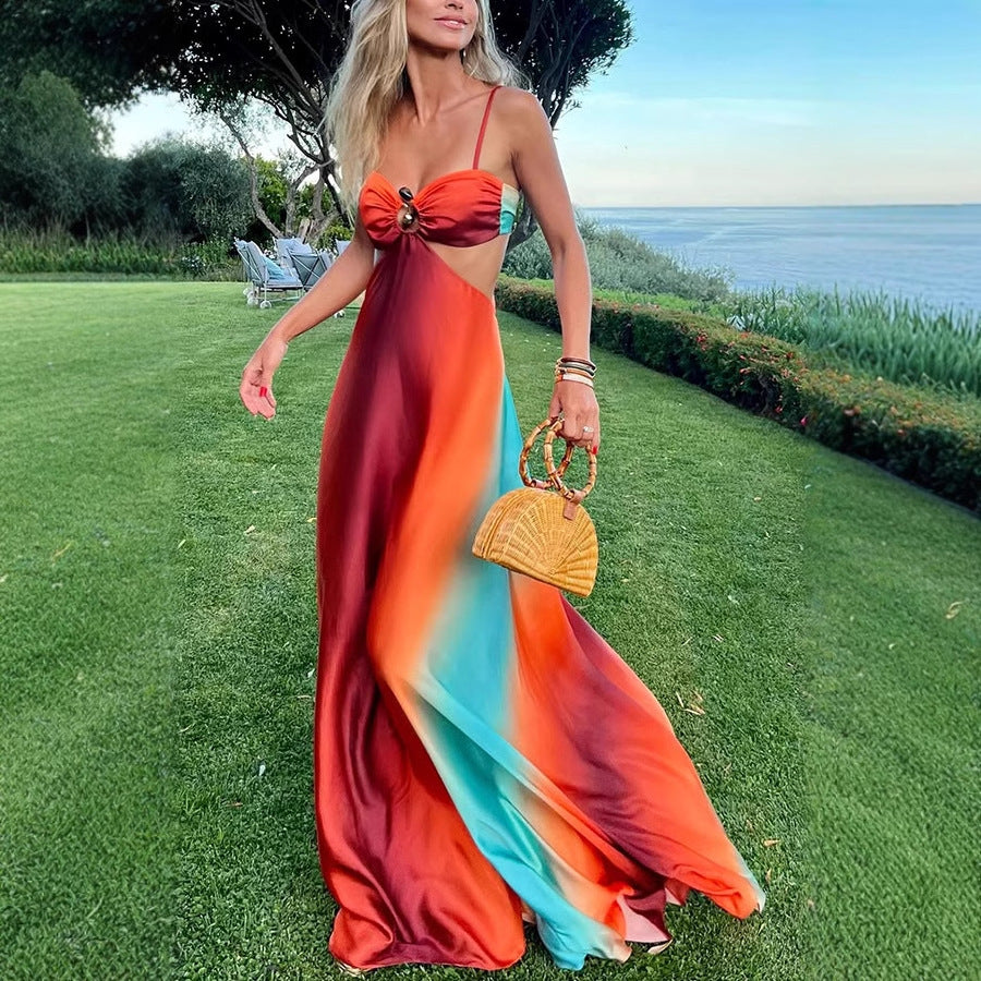 Vestido playero sexy con tirantes y degradado de color