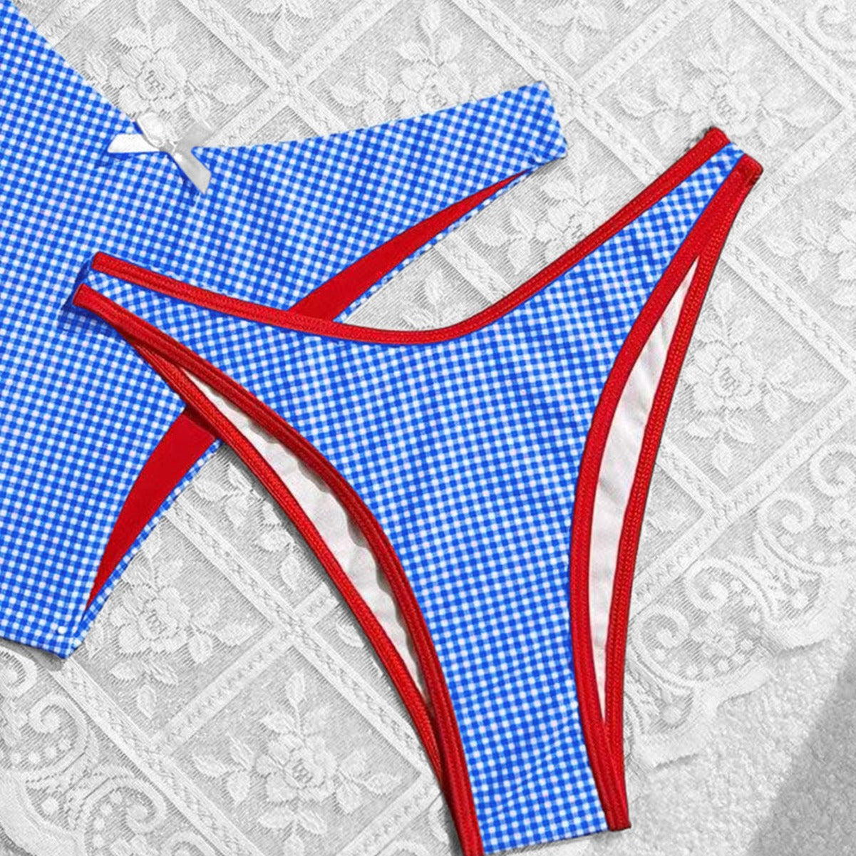 Traje de baño de verano con lazo floral a cuadros para mujer, bikini dividido para vacaciones