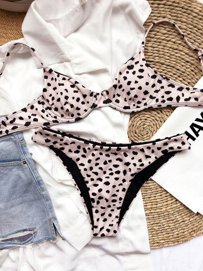 Small Sunken Stripe Leopard Bikini Sexy Underwire Swimsuit