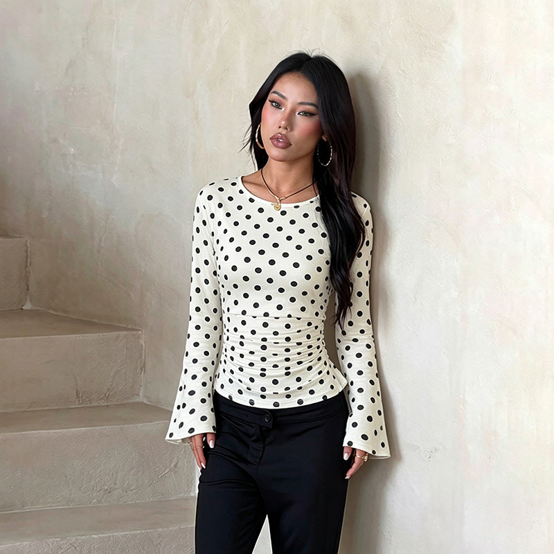 Sexy Summer Polka Dot Large Bell Sleeve Pleated Long Sleeve Cinched Slimming Pullover FREYA