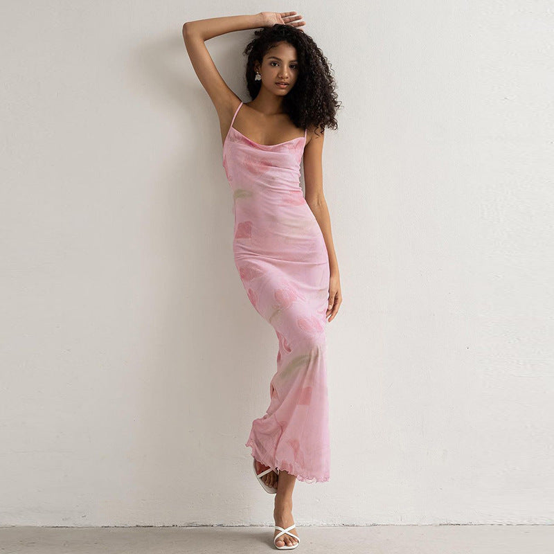 Robe longue à bretelles en maille à imprimé floral et col dénudé pour femme, vêtement d'été sexy et épicé