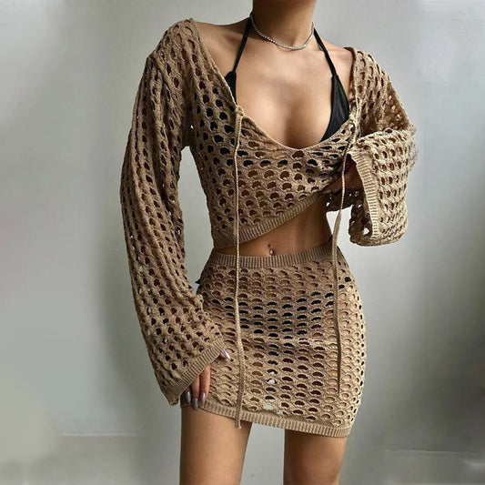 Conjunto de bikini con cuello levantado para mujer, traje de baño de color liso, sexy, de punto, para playa y verano