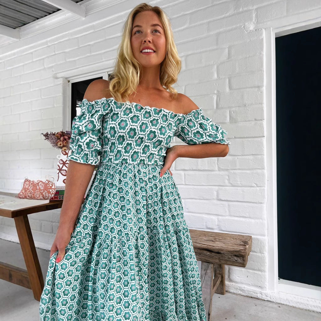 Women Clothing Printed Puff Sleeve Large Swing Dress XUYUN
