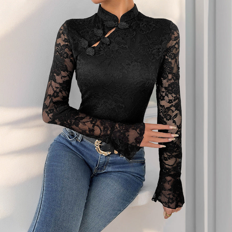 Ropa de otoño para mujer, mono chino negro con elementos cheongsam
