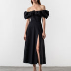 Summer French Dress Women Clothing Puff Sleeve Lace Up Slim Fit Dress Romance