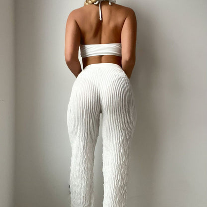 Conjunto de bikini de tres piezas con cuello halter y pantalones de tela de hilo de color sólido, traje de baño sexy