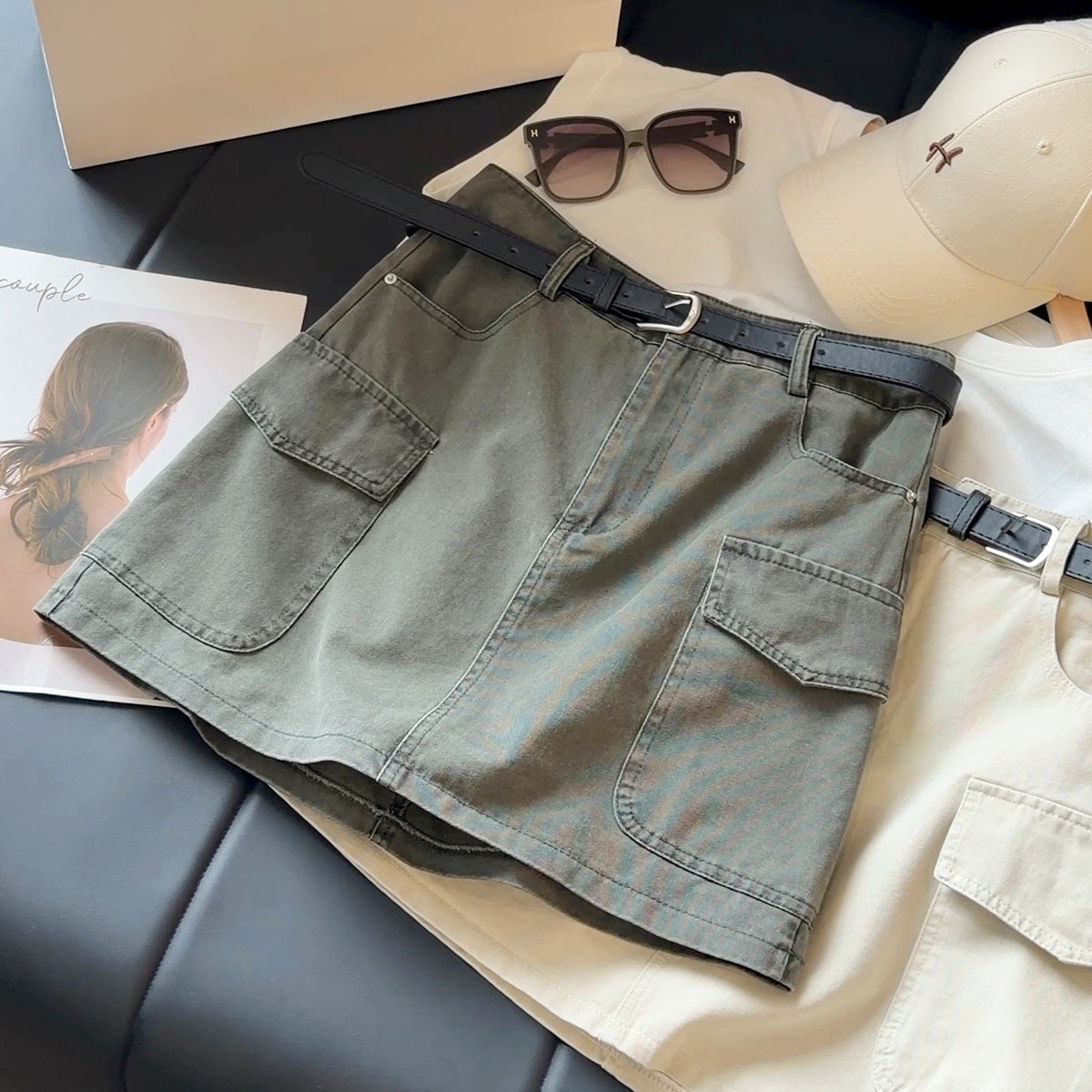 Workwear Denim Skirt Women Summer High Waist Slimming Multi Pocket Anti Exposure A line Skirt (No belt) Sunnygrace